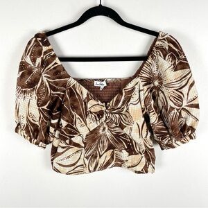 Sam Edelman Top Womens M Brown Floral Puff Sleeve Crop Smocked Blouse Tropical